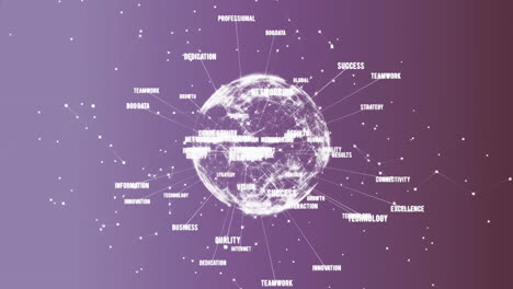 Global network of connections and keywords animation over purple background