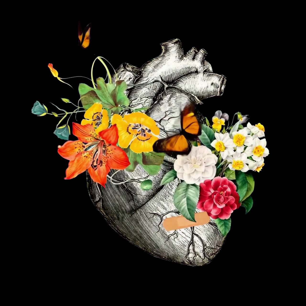 Heart blooms with vibrant flowers animation isolated asset, transparent 4K video, alpha channel