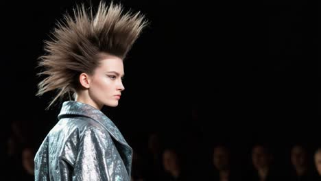 A striking fashion model showcases a bold hairstyle and shimmering outfit on the runway, captivating the audience with a dramatic look and confident presence