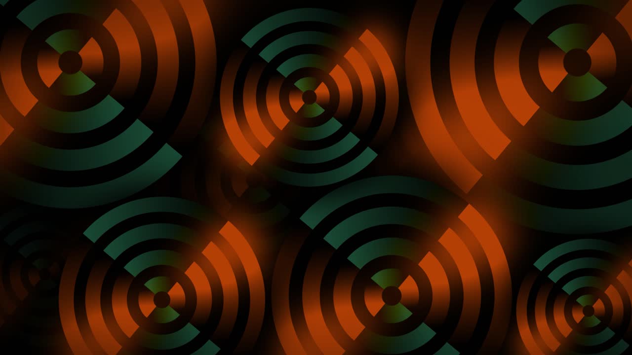 Вращающиеся неоновые круги образуют яркий линейный рисунок в виде светящихся фигур, создавая динамичную трехмерную анимационную иллюзию на темном градиентном фоне. Моушн-дизайн и визуальные эффекты в оранжево-зеленой цветовой гамме.