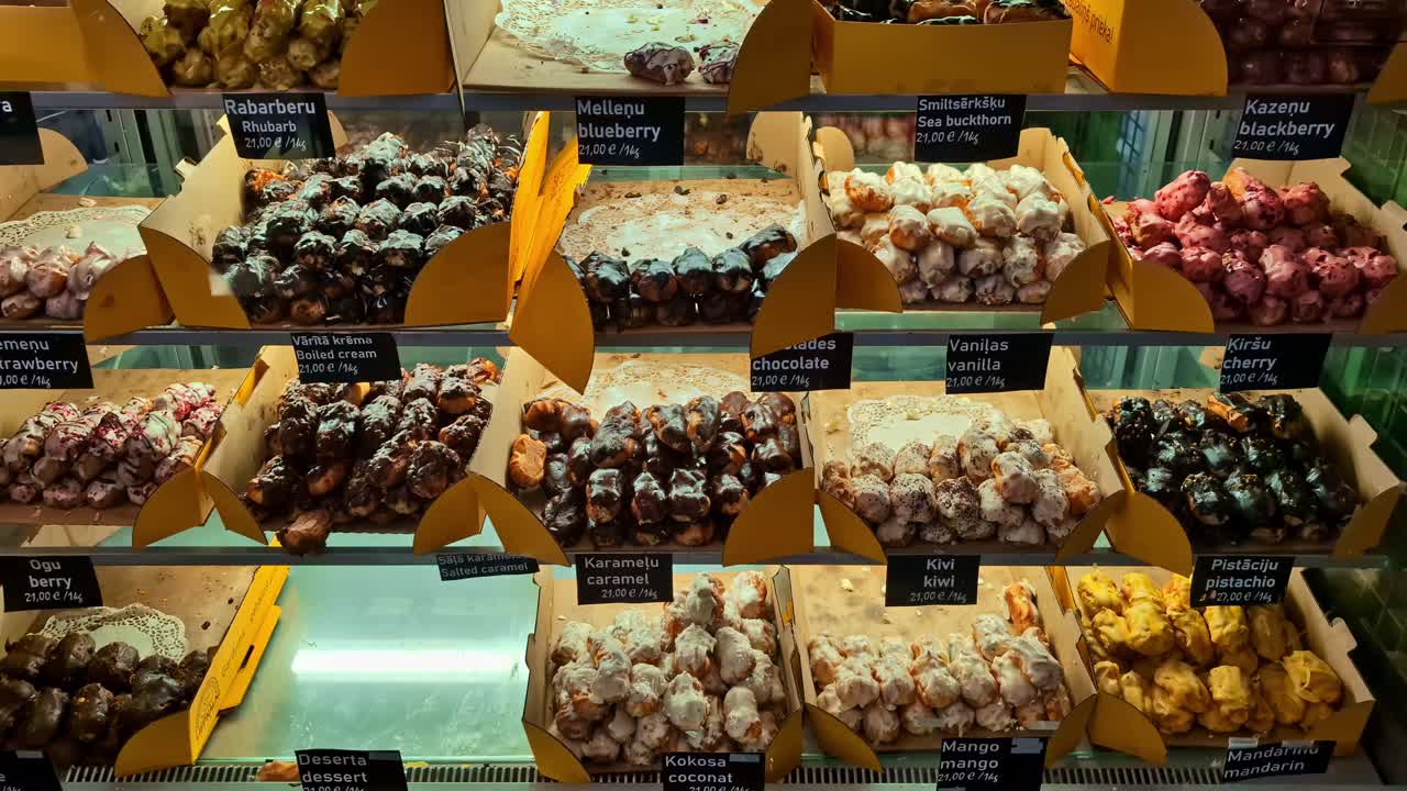 Delicious pastries displayed in a bakery for sale, inviting and colorful