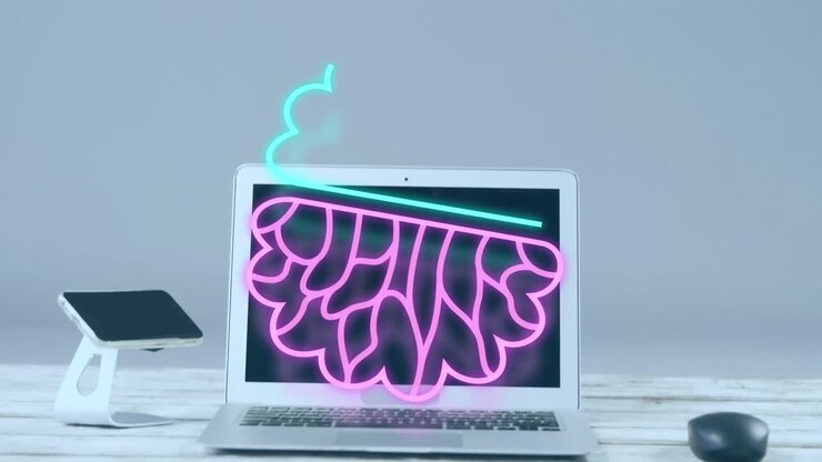 Animation of ai data processing over laptop and smartphone