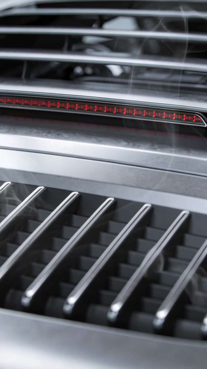 Vertical video: Drifting vapor from engine heat crossing metal louvers in shop, with red LED strip