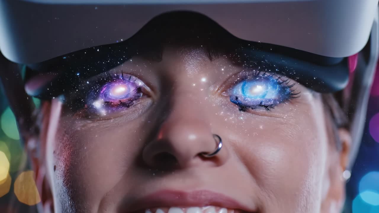 Woman experiencing virtual reality with galaxy eyes