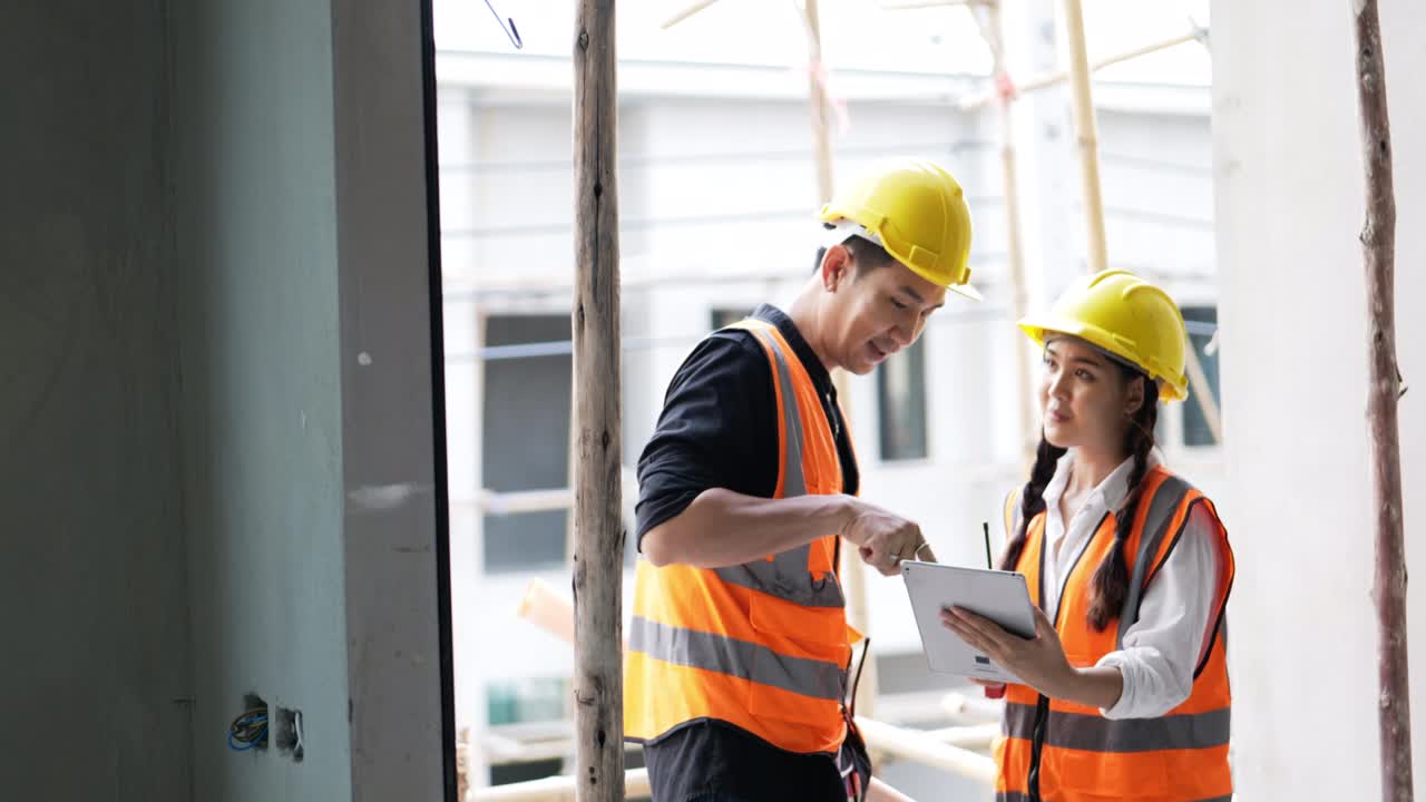 un joven hombre y una mujer ingenieros civiles asiáticos sosteniendo una tableta y trabajando juntos