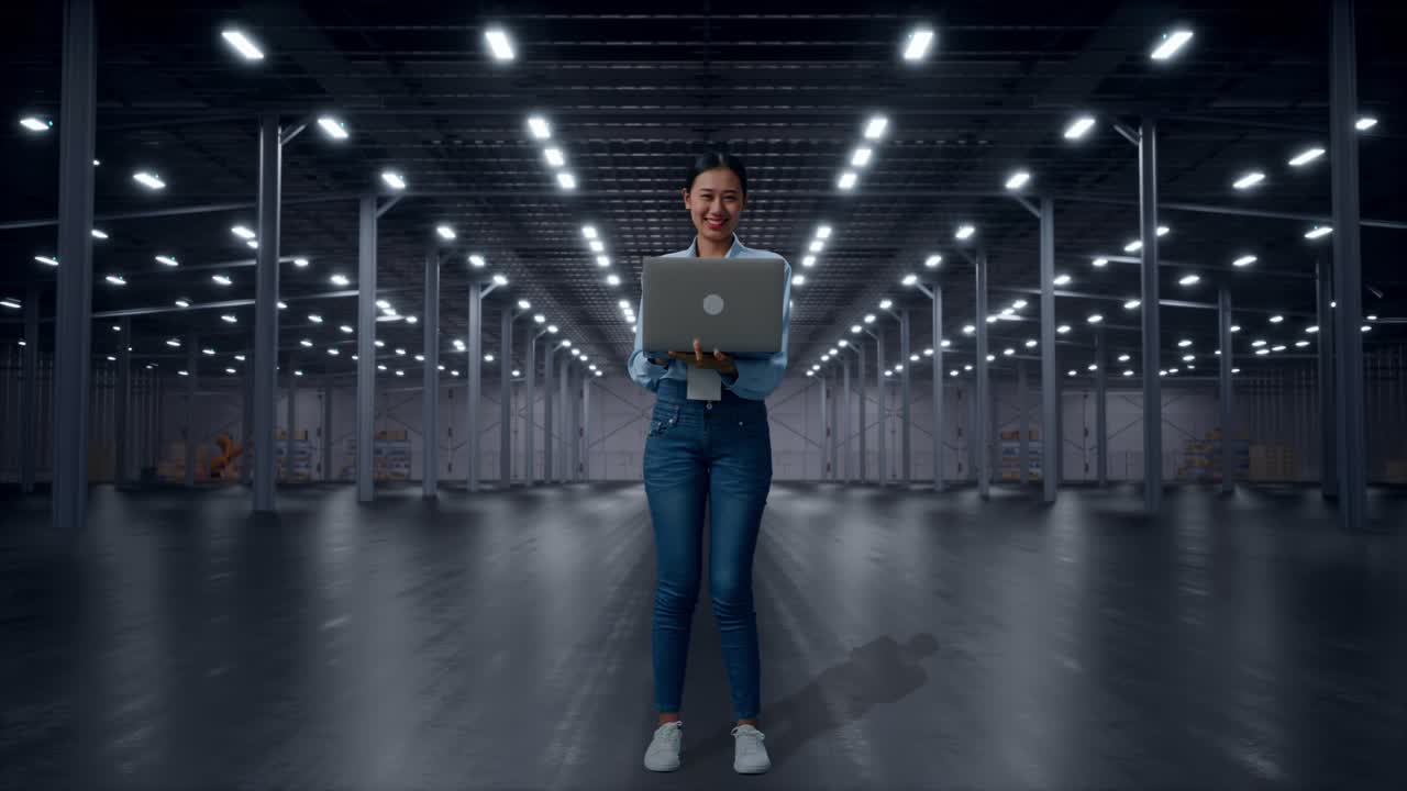 Full Body Of Asian Female With Her Laptop in Empty Modern Warehouse, She Is Looking At The Camera With A Smile
