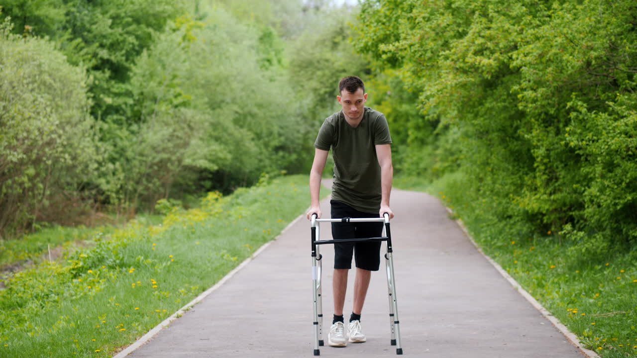Ung mand bruger rollator i park