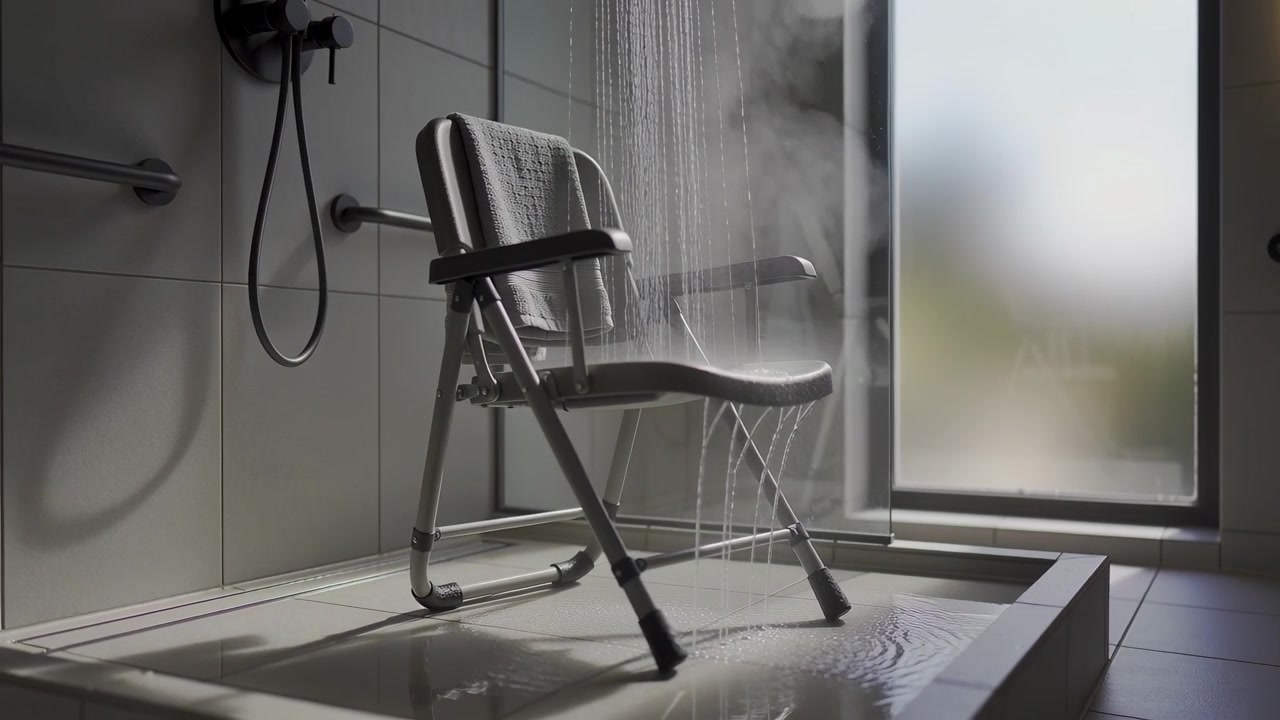 Streaming water from overhead showerhead hitting folding-chair in stall making ripples wet towel