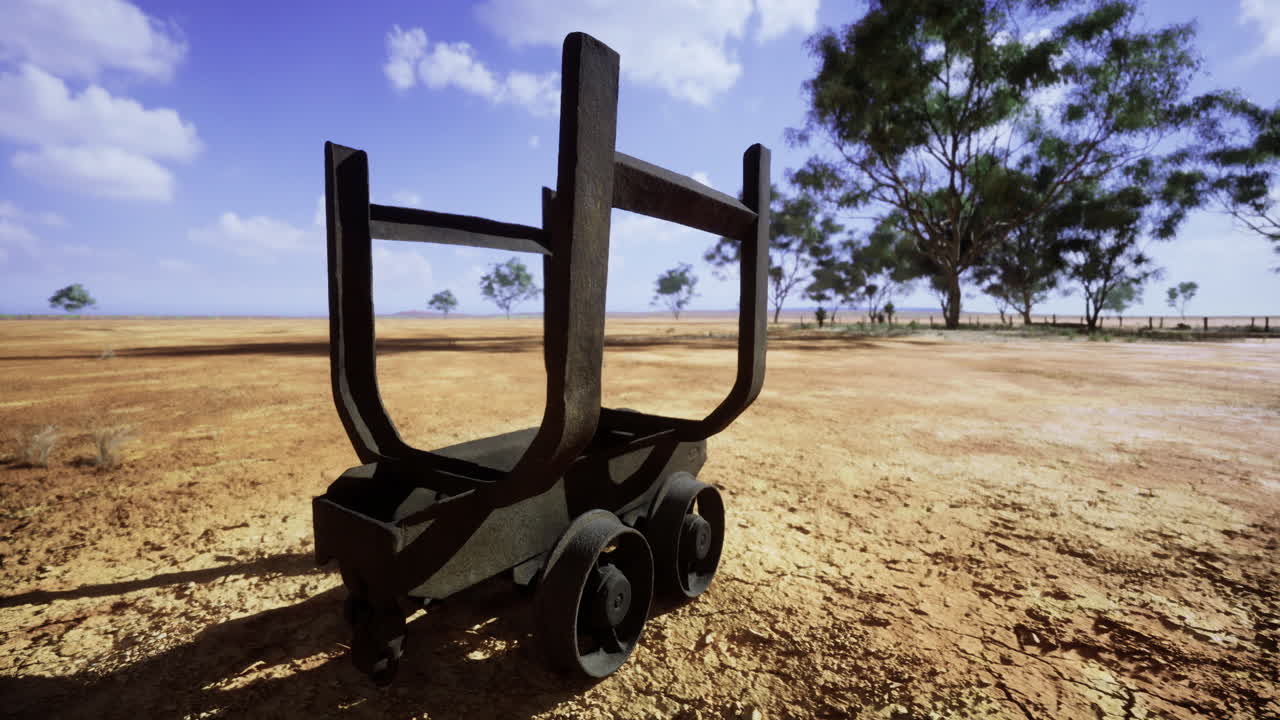 Forgotten cart stands alone in a desolate landscape under a bright sky