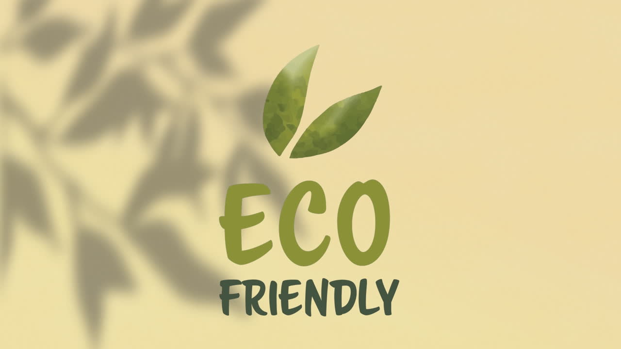 Animation of eco friendly text over leaves shadow on yellow background