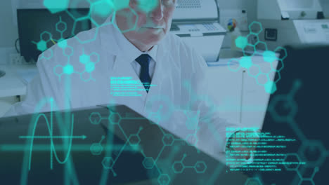 Animation-of-data-processing-and-molecules-over-male-doctor-using-laptop