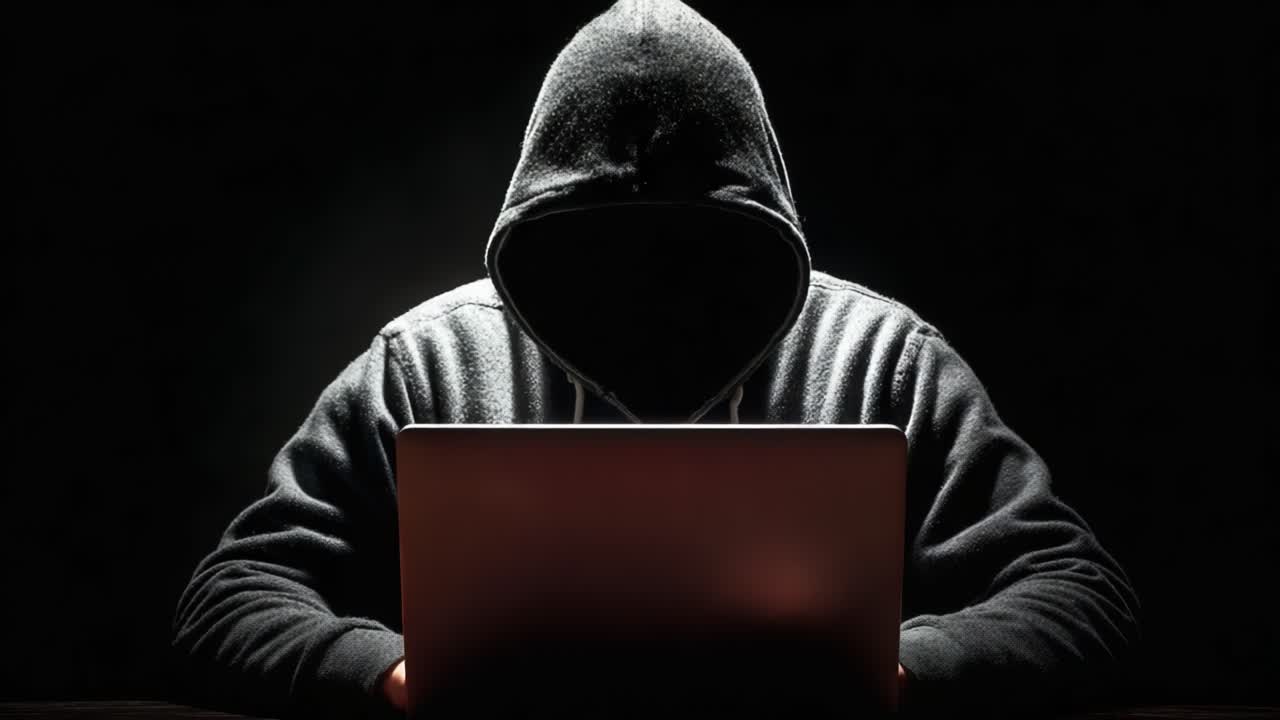 A Mysterious Figure Typing on a Laptop in a Dimly Lit Setting, Enveloped by Darkness, Evoking a Sense of Intrigue and Suspense in the Digital Age