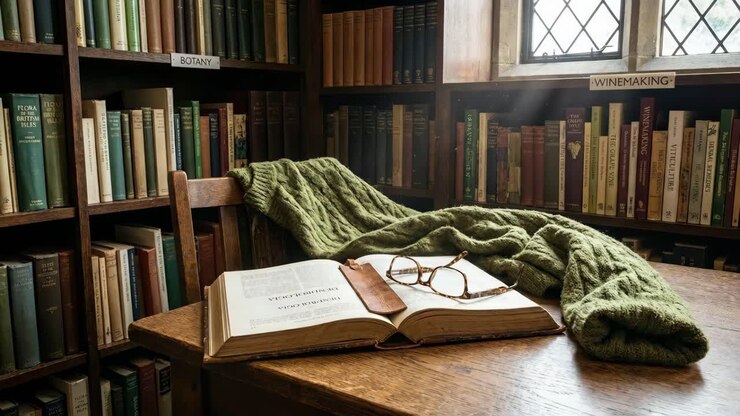 Un'accogliente scena di biblioteca con un libro aperto e degli occhiali
