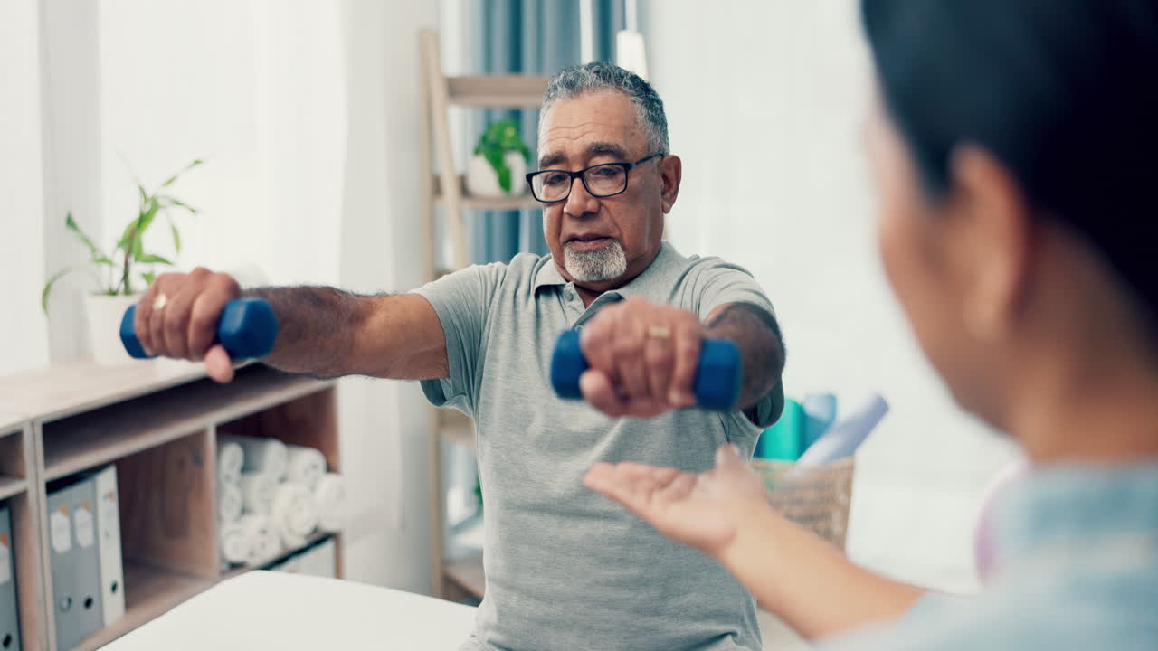 Senior care, help and physiotherapist with old