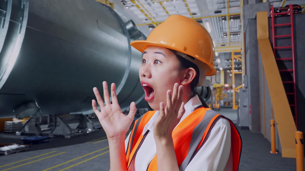 안전 헬을 입은 아시아 여성 엔지니어가 파이프 제조 공장에서 서서 웃으며 와우라고 말합니다.