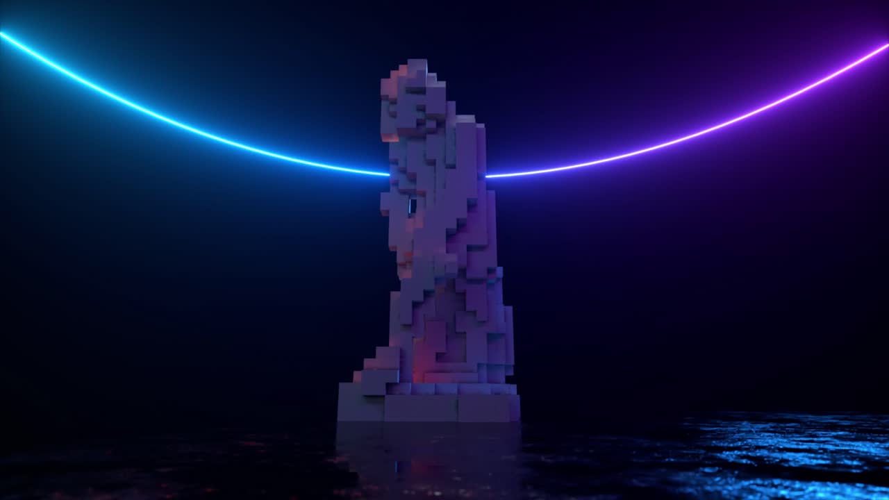 estatua pixelada abstracta con iluminación de neón