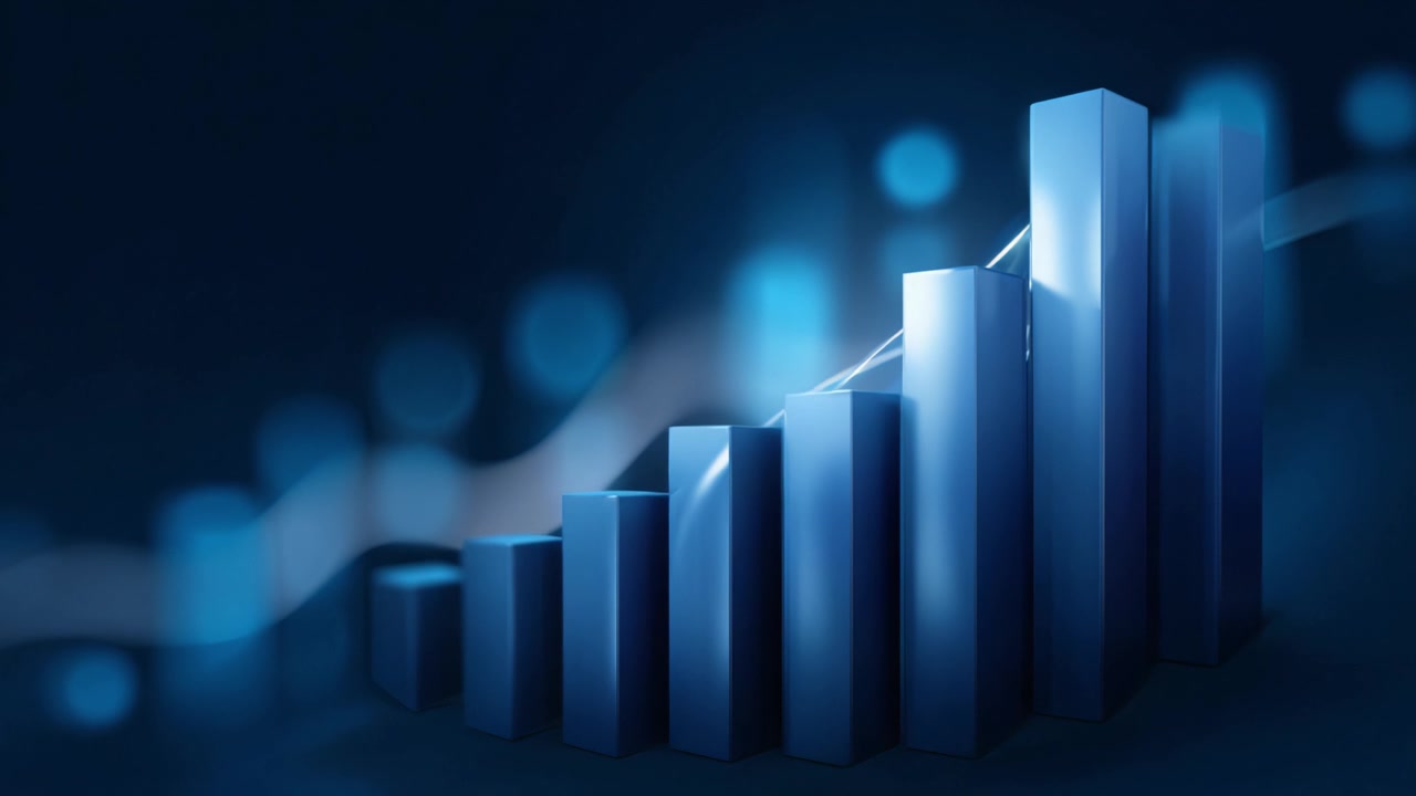 Dynamic Growth Visualization with Blue Bars and a Rising Trend Line Highlighting Progress in Data Analysis and Economic Performance Metrics