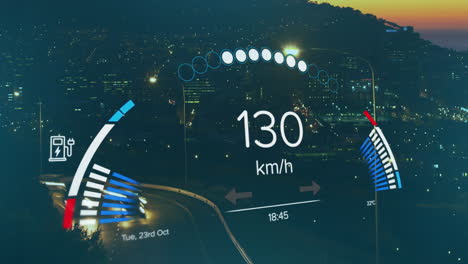 animación de números cambiantes en el temporizador del velocímetro de vehículos en movimiento y silueta de la ciudad