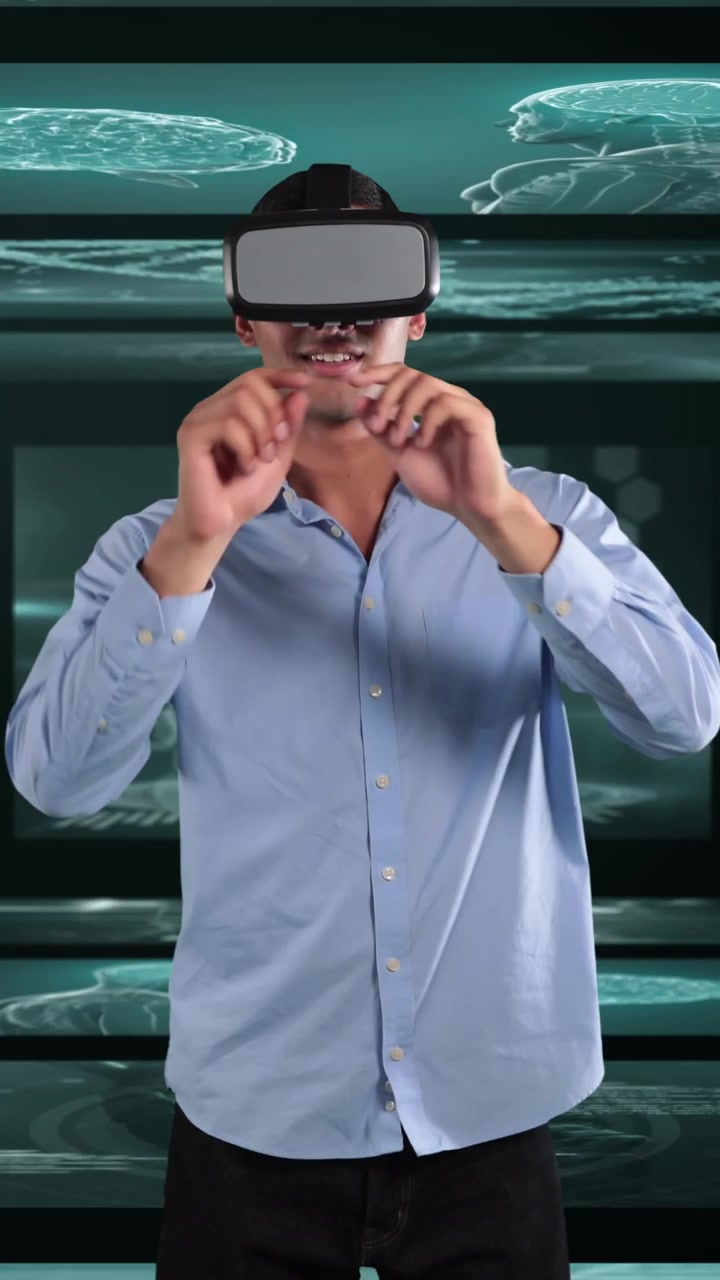 Animazione di un uomo d'affari che indossa un visore VR su schermi con elaborazione di dati medici.