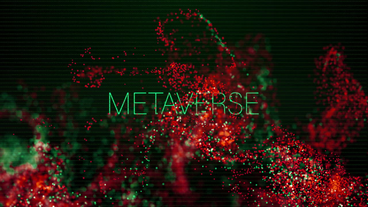 Metaverse text over abstract red and green particles animation