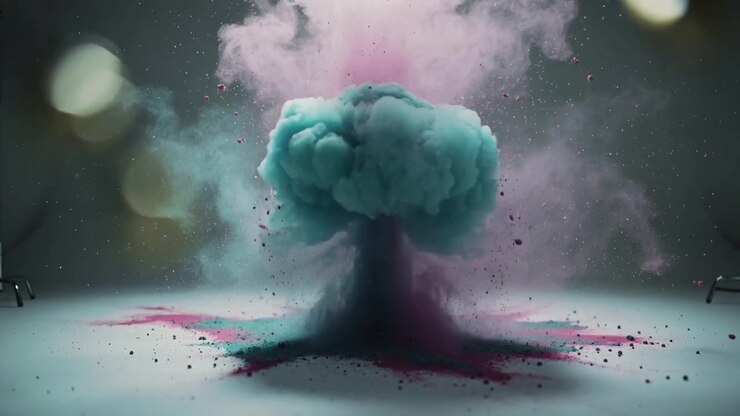 Erupting from studio burst magenta-teal plume expanding into mushroom for capture with bokeh rigs