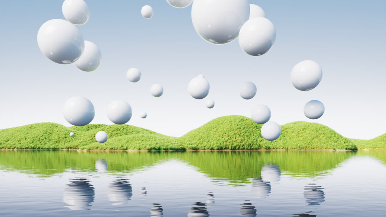 Floating spheres over the lake in the nature, 3d rendering.