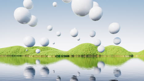 floating spheres over the lake in the nature, 3d rendering.