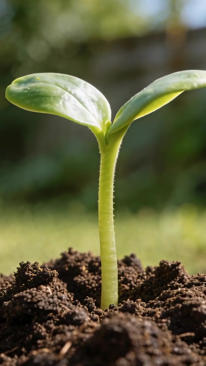 Video verticale: Il sole che si sposta spinge un germoglio che apre due foglie, inclinandosi verso la luce nel terreno del giardino.