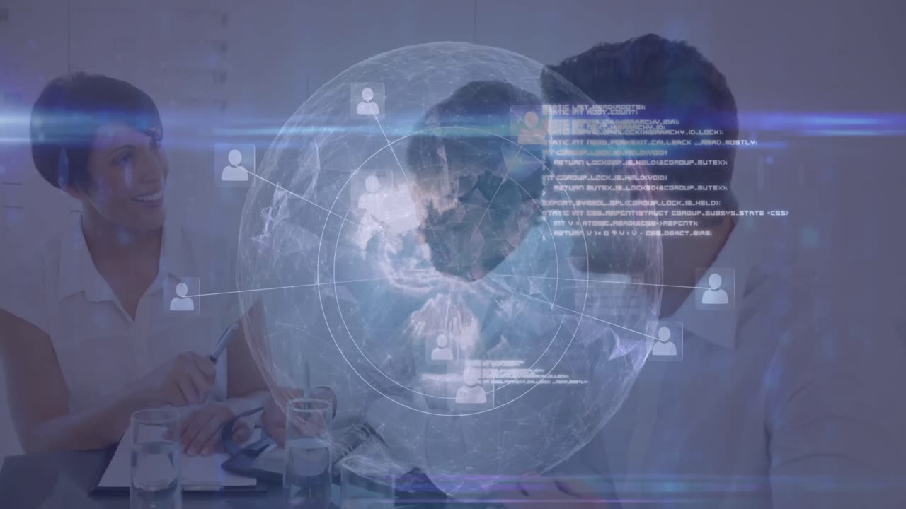 회의에서 토론하는 다양한 동료들 위에 프로필 아이콘이 있는 원형의 지구의 애니메이션