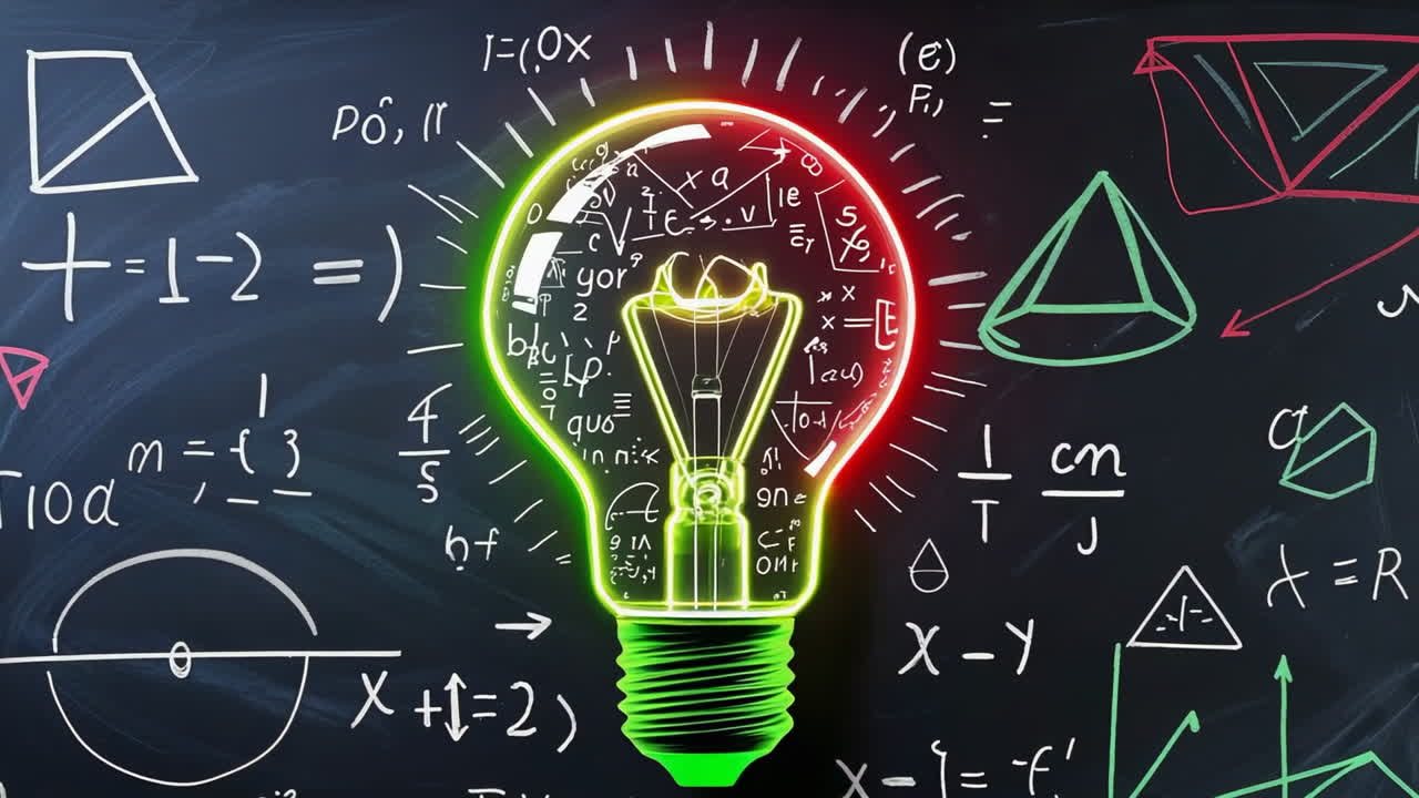 Glowing Light Bulb with Mathematical Formulas on Chalkboard