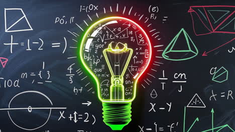 glowing light bulb with mathematical formulas on chalkboard
