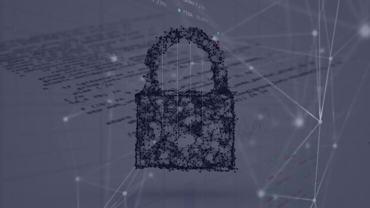 Animation of digital screen with connections and digital padlock