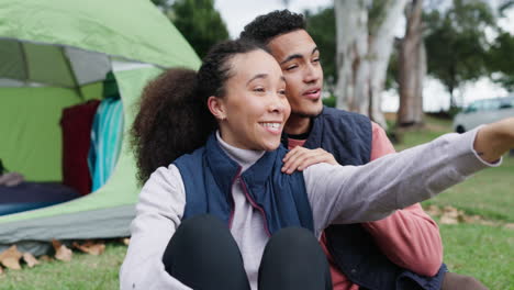 Camping,-couple-and-hand-pointing-to-forest