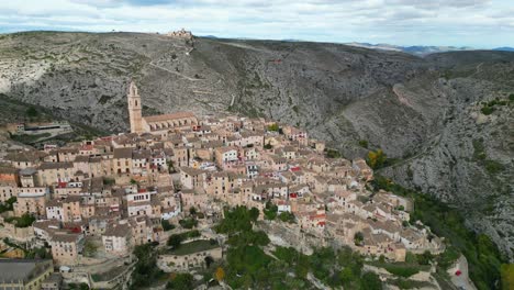 Bocairent-Village-And-Church-On-Hilltop-En-Valencia-Región,-Costa-Blanca,-Spain---Aerial-4k