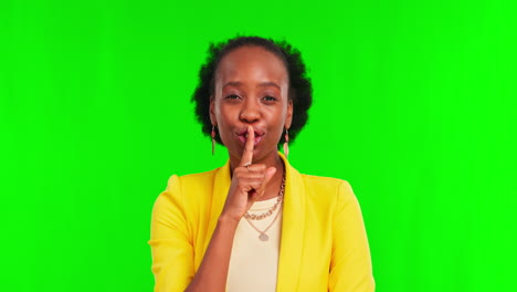 Black-woman,-hush-and-finger-by-green-screen