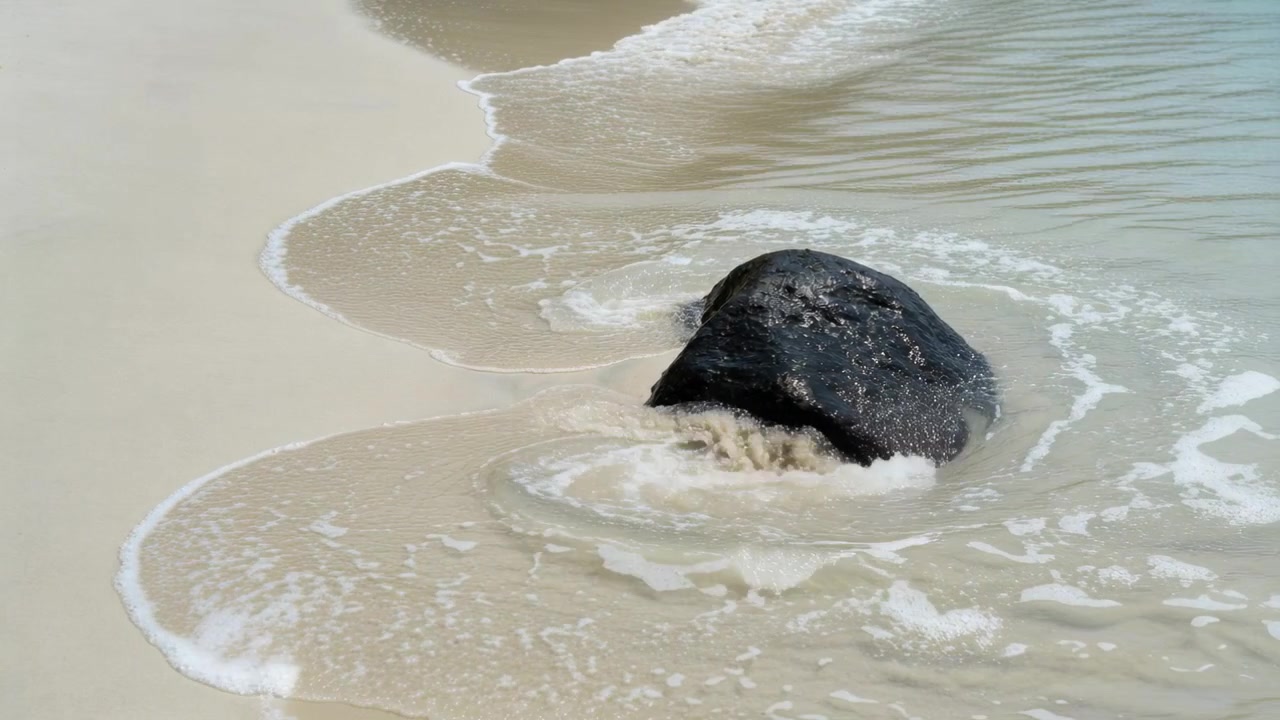 Una singola roccia scura che resiste a una sottile onda che arriva da destra sulla spiaggia, formando un anello di schiuma