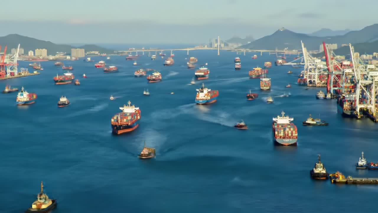 Numerous cargo and shipping vessels navigate the bustling harbor, showcasing maritime activity against a backdrop of clear blue skies and distant mountains during daytime.