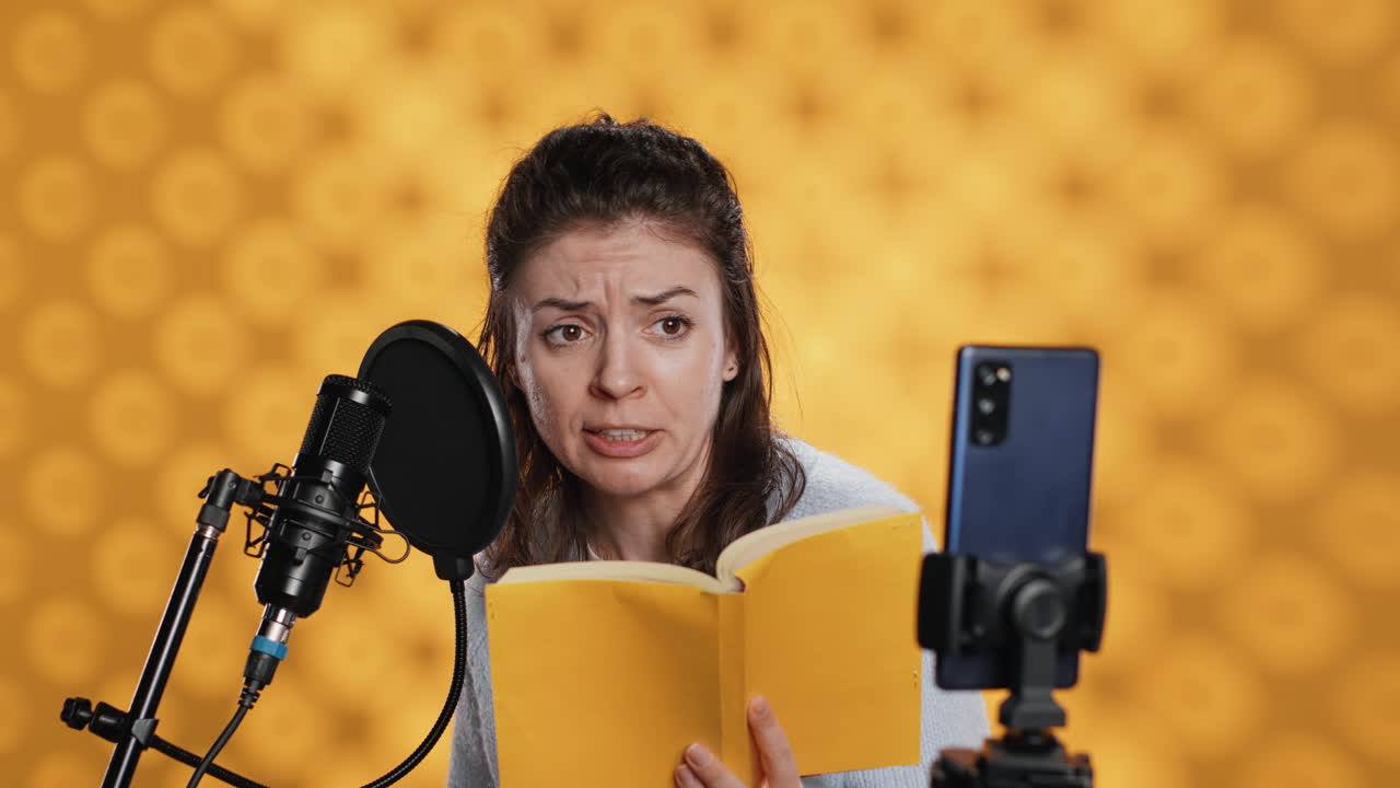 películas de estrellas en línea vlog en el trabajo usando teléfono inteligente, lectura apasionada de libros