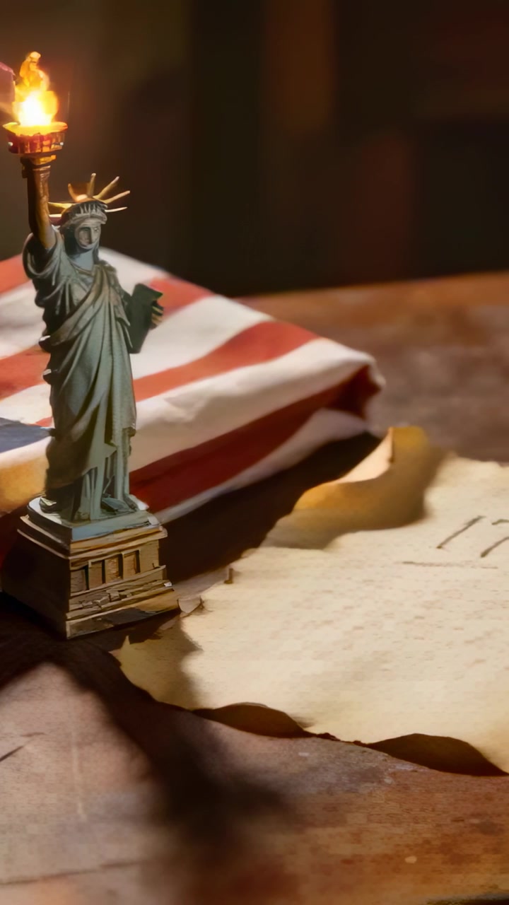Vertical video: Camera panning statue on wood table revealing flag and burnt paper, copy space