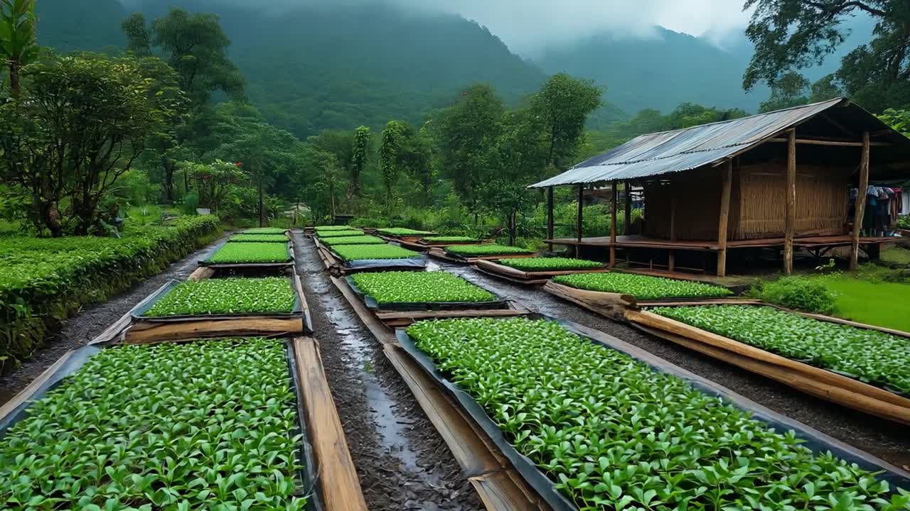 Seedling nursery in a lush mountain landscape
