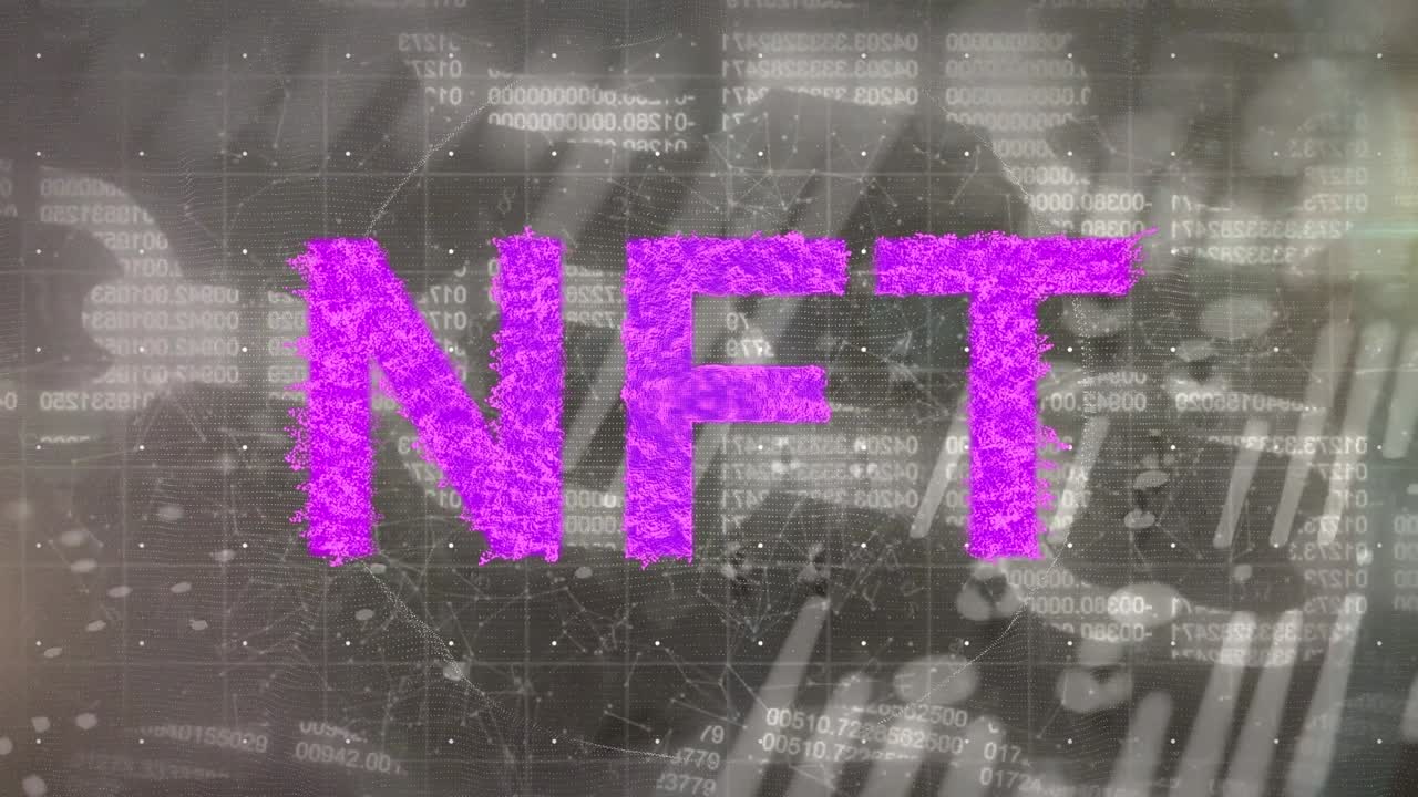 Animazione di NFT su blockchain e dati su sfondo marrone.