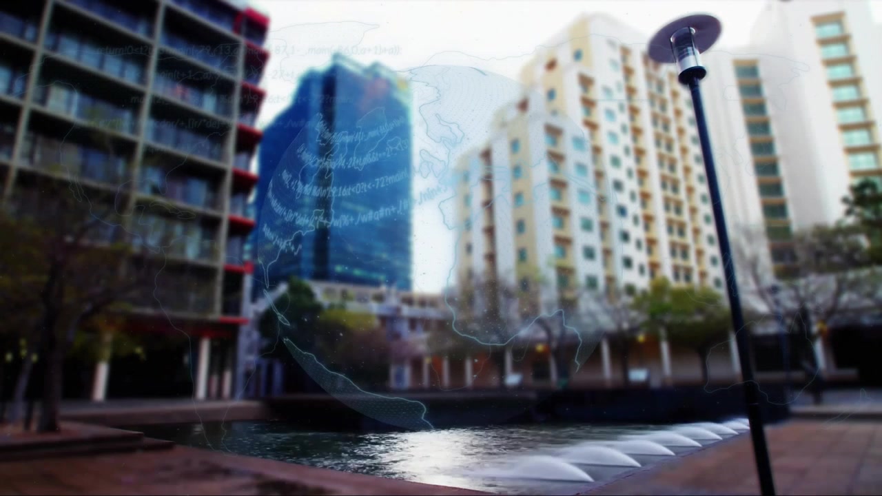 Plaza urbana mostrando una farola inclinada junto a fuentes de cúpula en una ilustración animada de diseño plano.