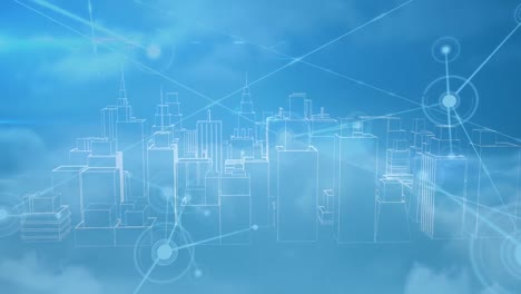 Animation-of-network-of-connections-over-digital-city-on-blue-background