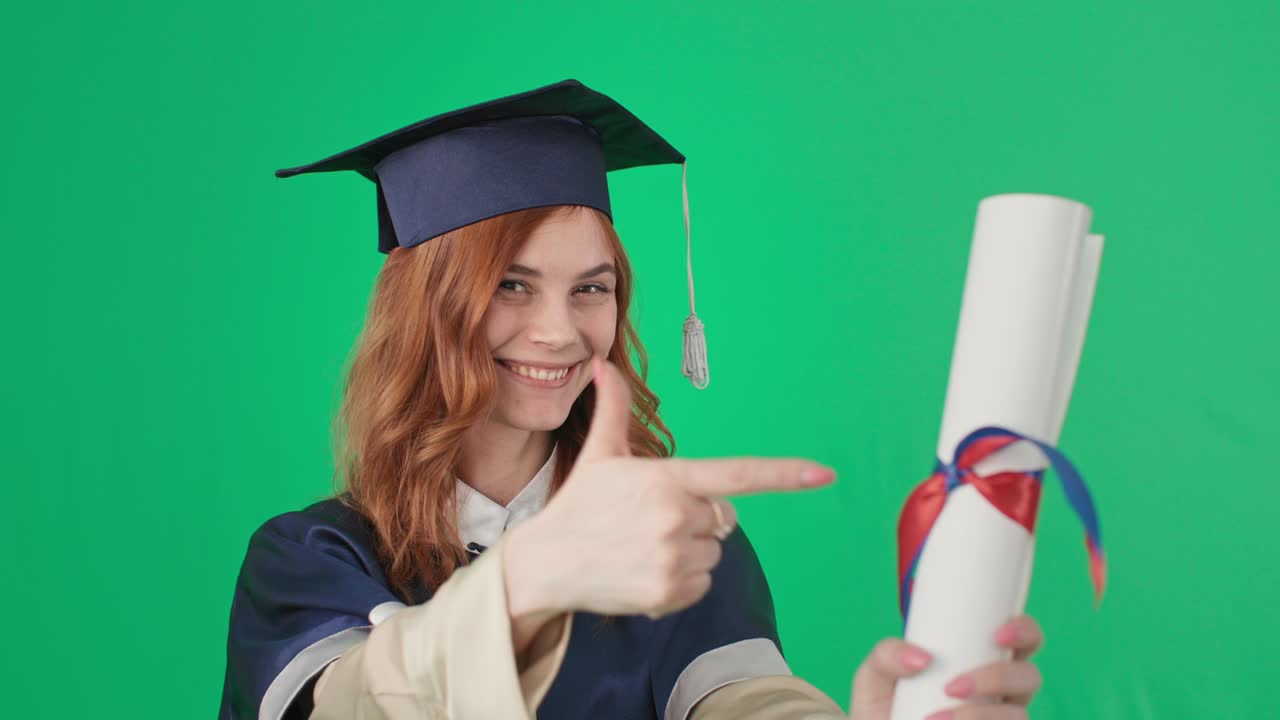 graduada guapa en vestido académico besos y diploma en las manos y se regocija en la graduación, imágenes pre-enclavadas