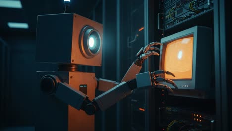 a robotic figure interacting with a vintage computer monitor in a high-tech server room, showcasing the blend of old technology with advanced robotics and automation.