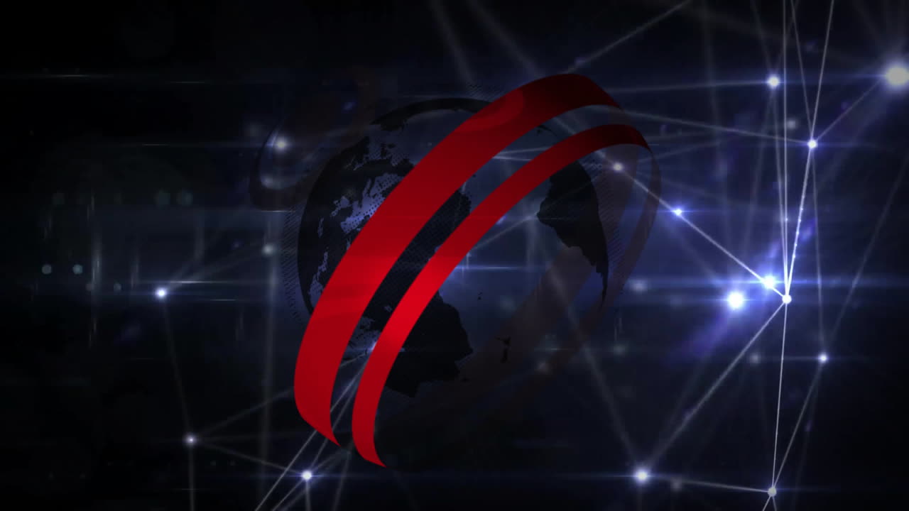 Animation of globe with red spiral and network connections glowing in darkness