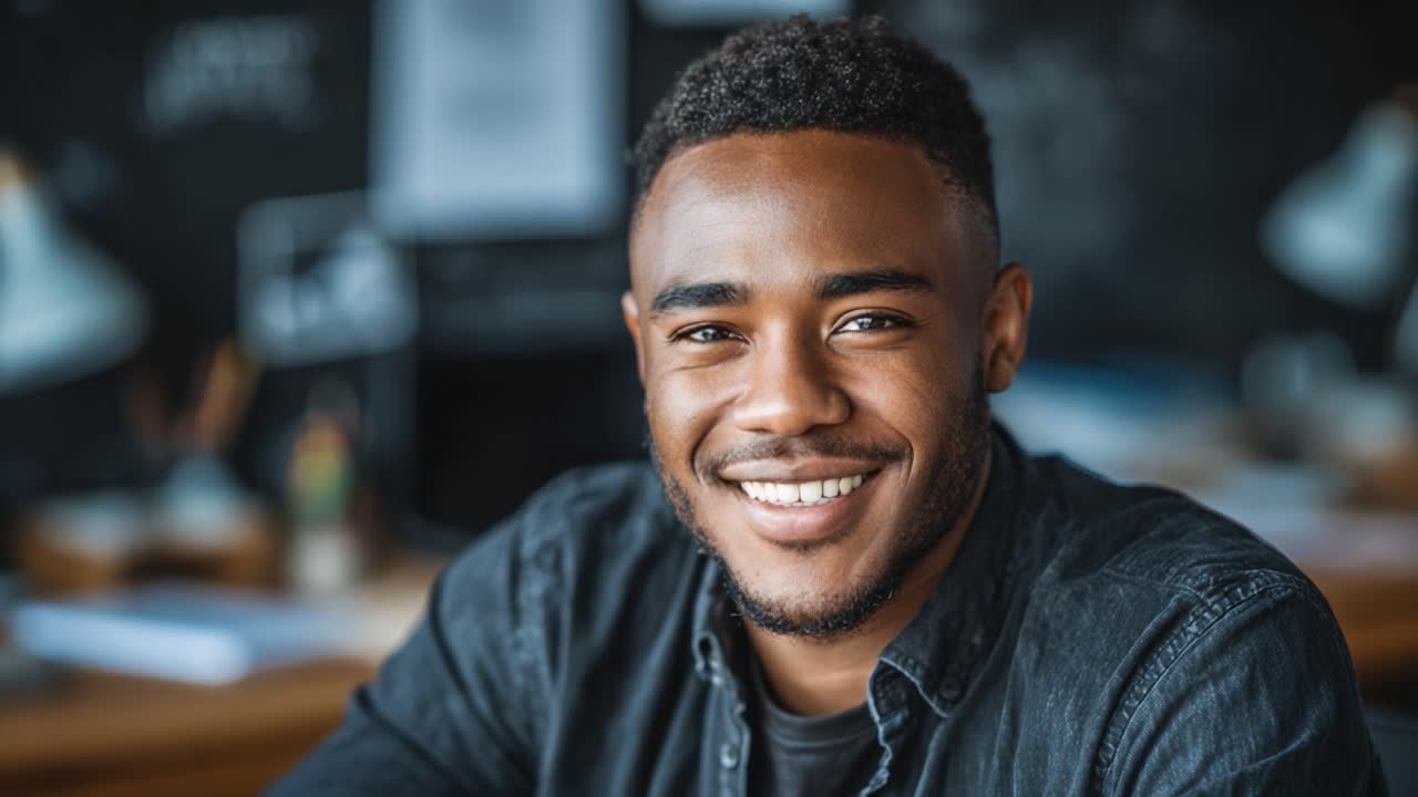 A Joyful Young Man Smiling Brightly in a Modern Workspace with Creative Elements, Captured in Two Frames Showcasing His Infectious Positivity and Charisma