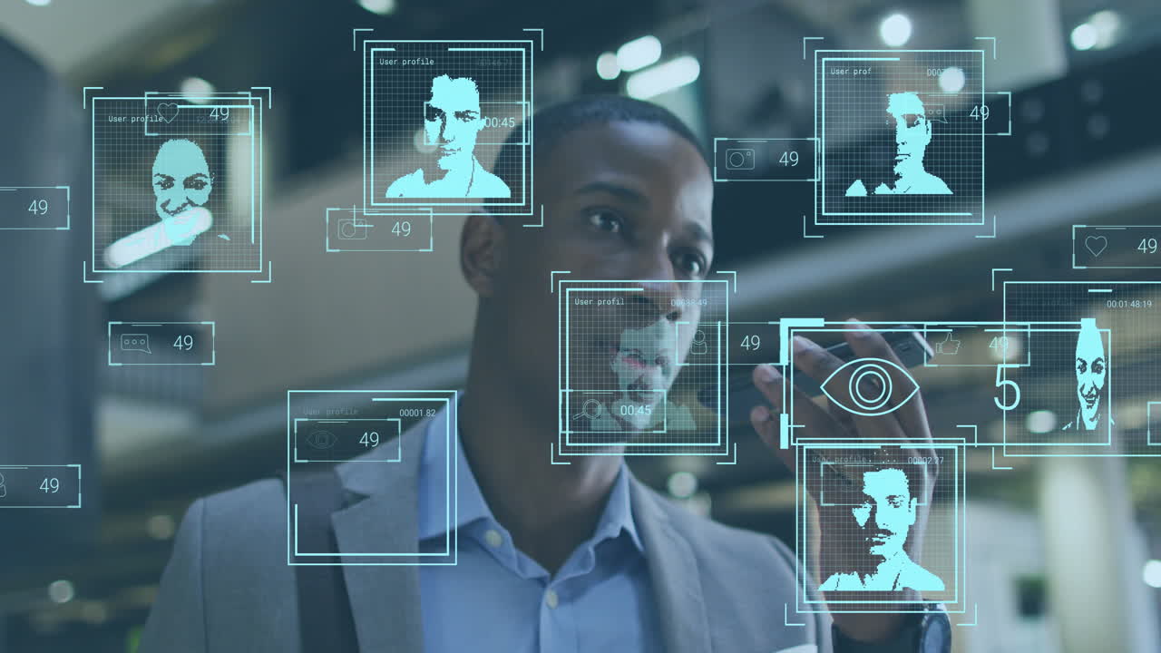 animación de números cambiantes, iconos y fotos de perfil, hombre afroamericano hablando en teléfono móvil