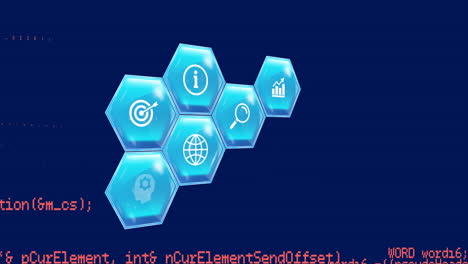 animation of icon in hexagons and computer language over blue background