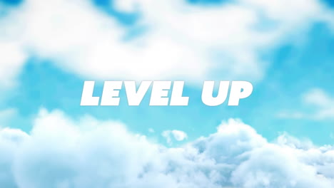 animation von level-up-text über einem bewölkten blauen himmel